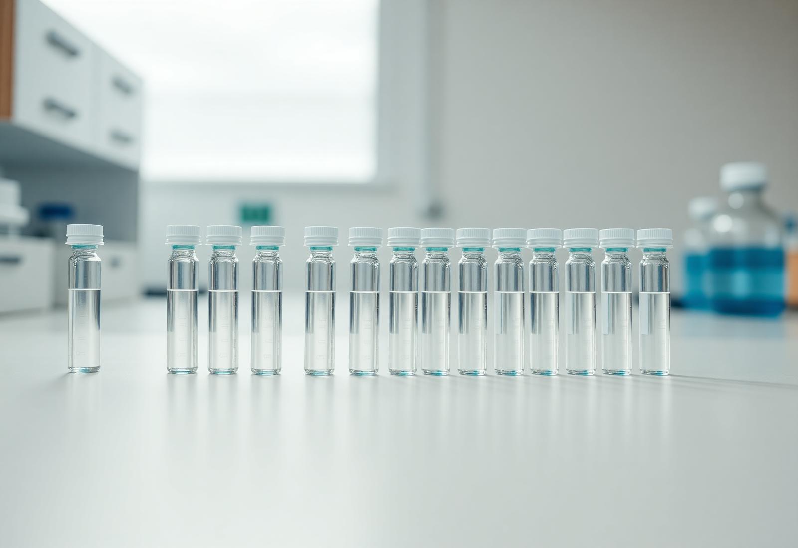 Research peptide vials arranged in a bright laboratory